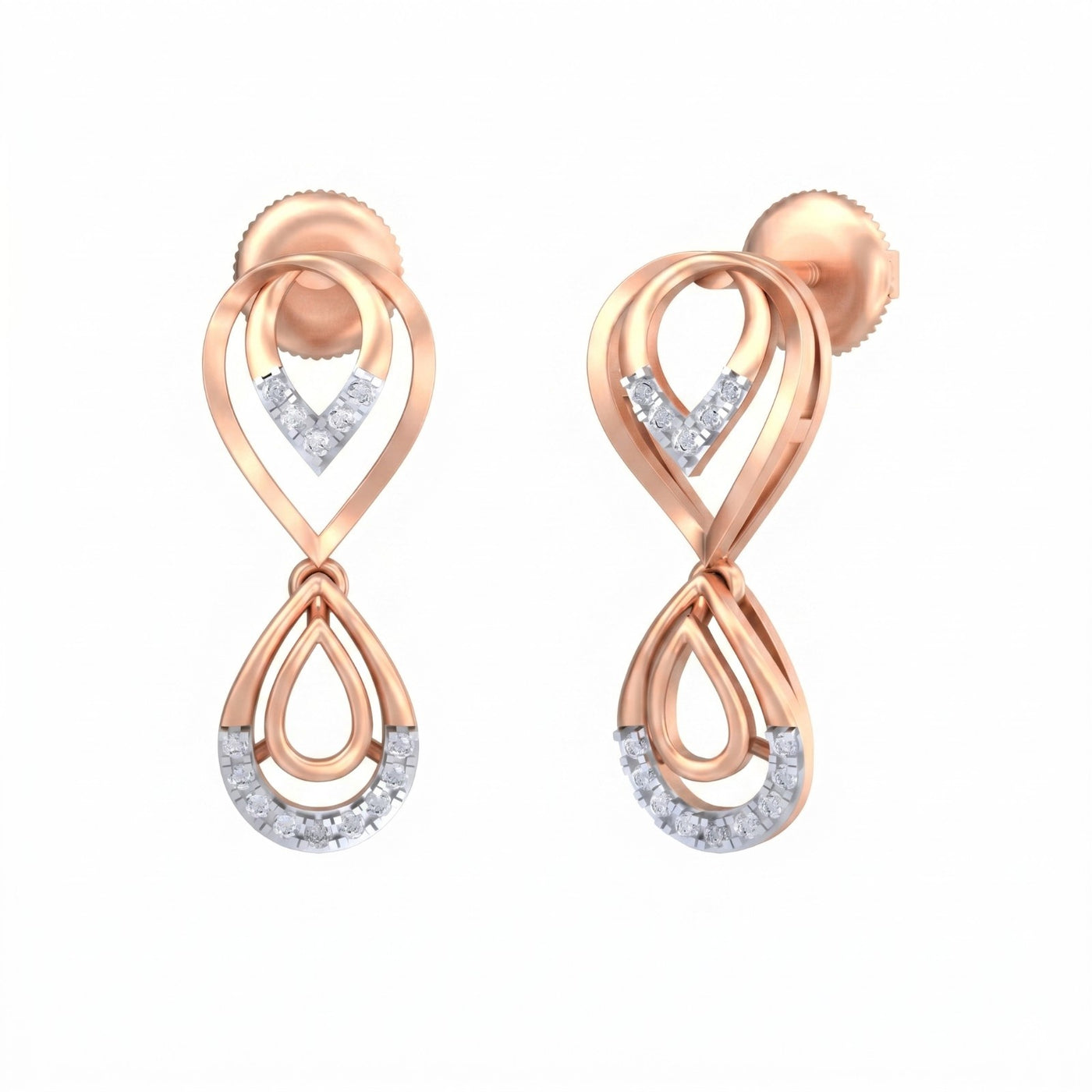Rose gold and diamond drop earrings on a white background.