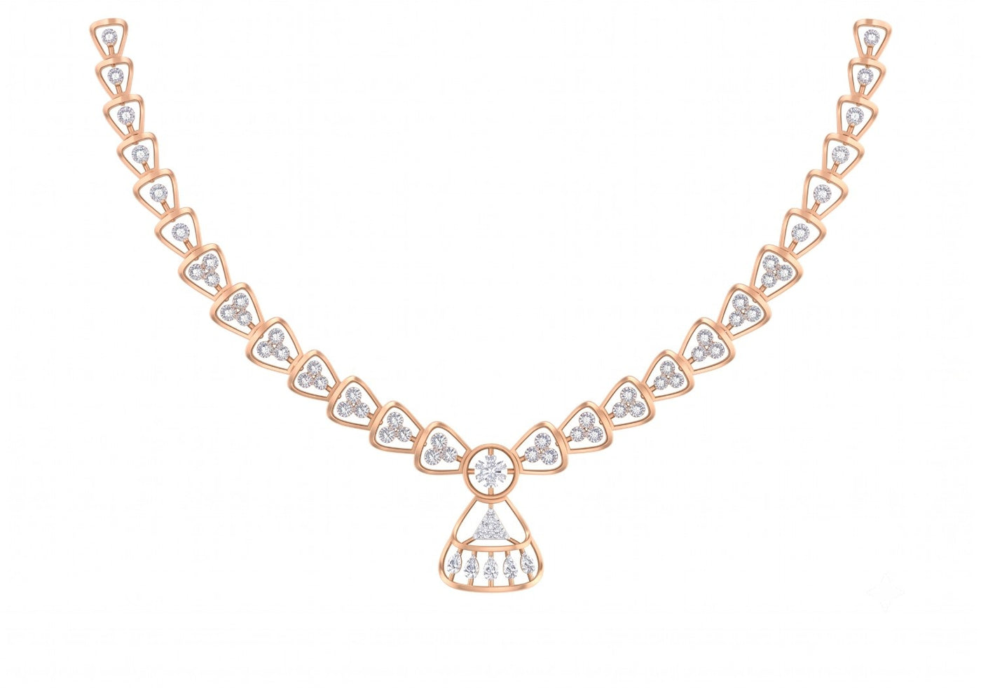 A rose gold and diamond necklace set, shown on a plain white background.