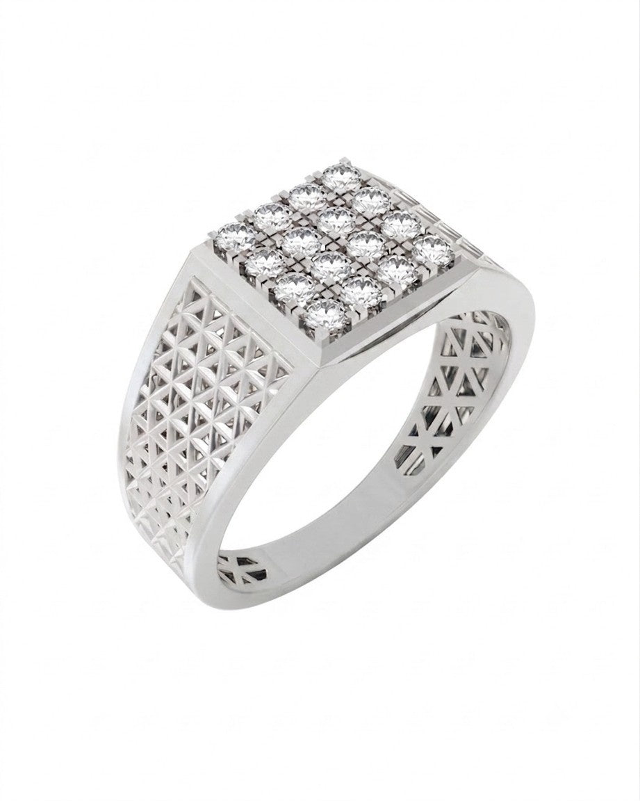 A diamond ring with a white gold band, featuring a square top and a geometric openwork pattern, set against a plain white background.