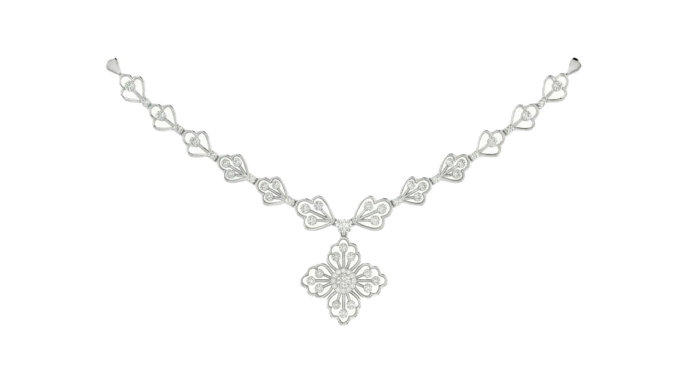White gold and diamond necklace featuring delicate openwork links and a prominent floral quatrefoil pendant with a diamond cluster center.