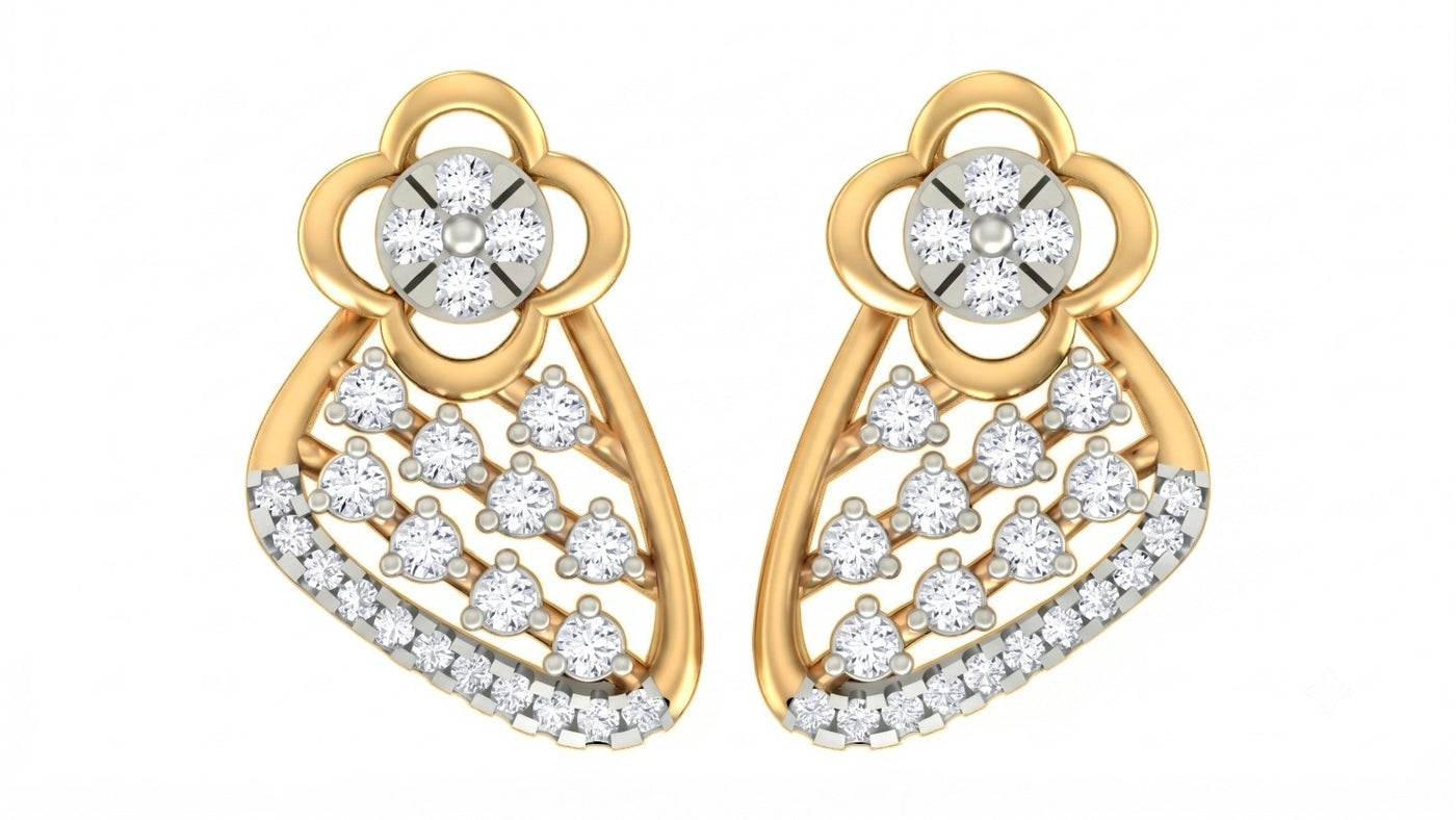 A pair of ornate, yellow gold earrings featuring intricate floral-inspired designs at the top and delicate, sweeping curves.