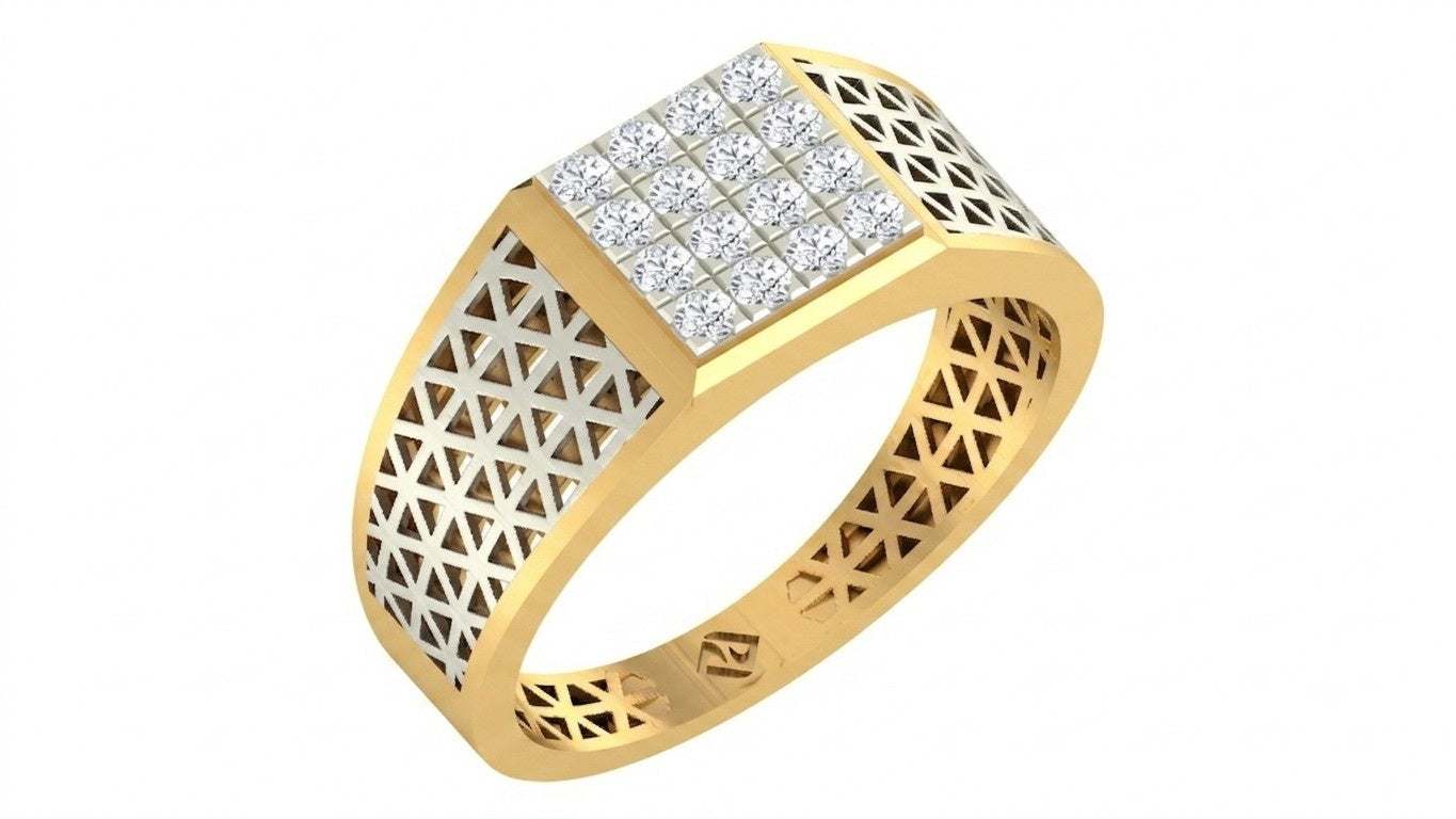A men's signet-style ring in yellow gold with a geometric, shown on a plain white background.
