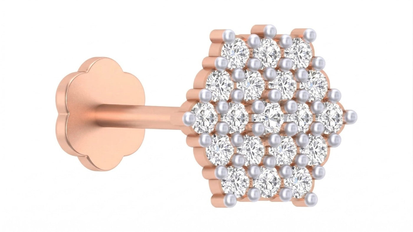 rose gold and diamond stud nose pin on a white background