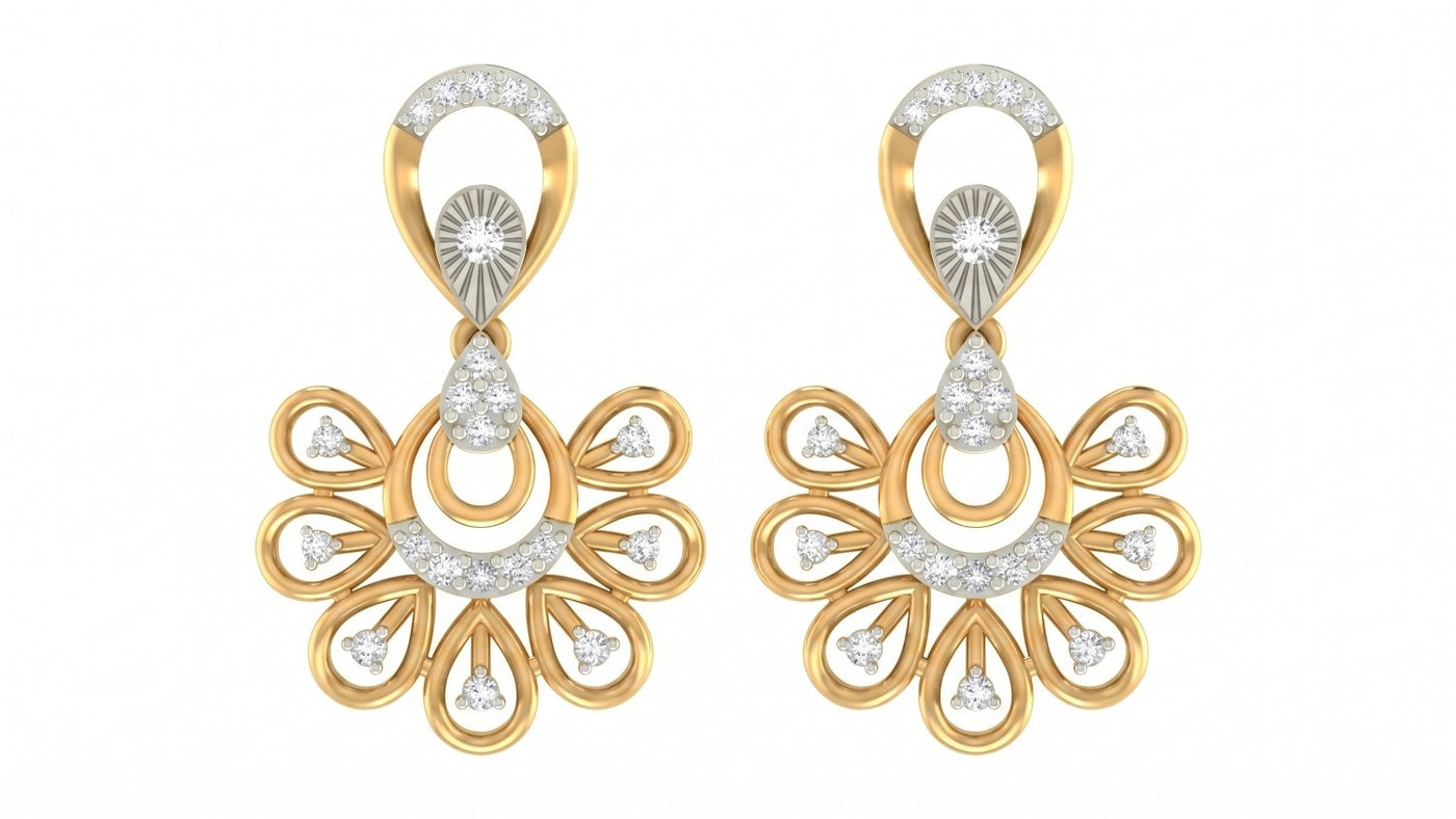 A pair of yellow gold-toned dangler earrings with intricate floral and circular design
