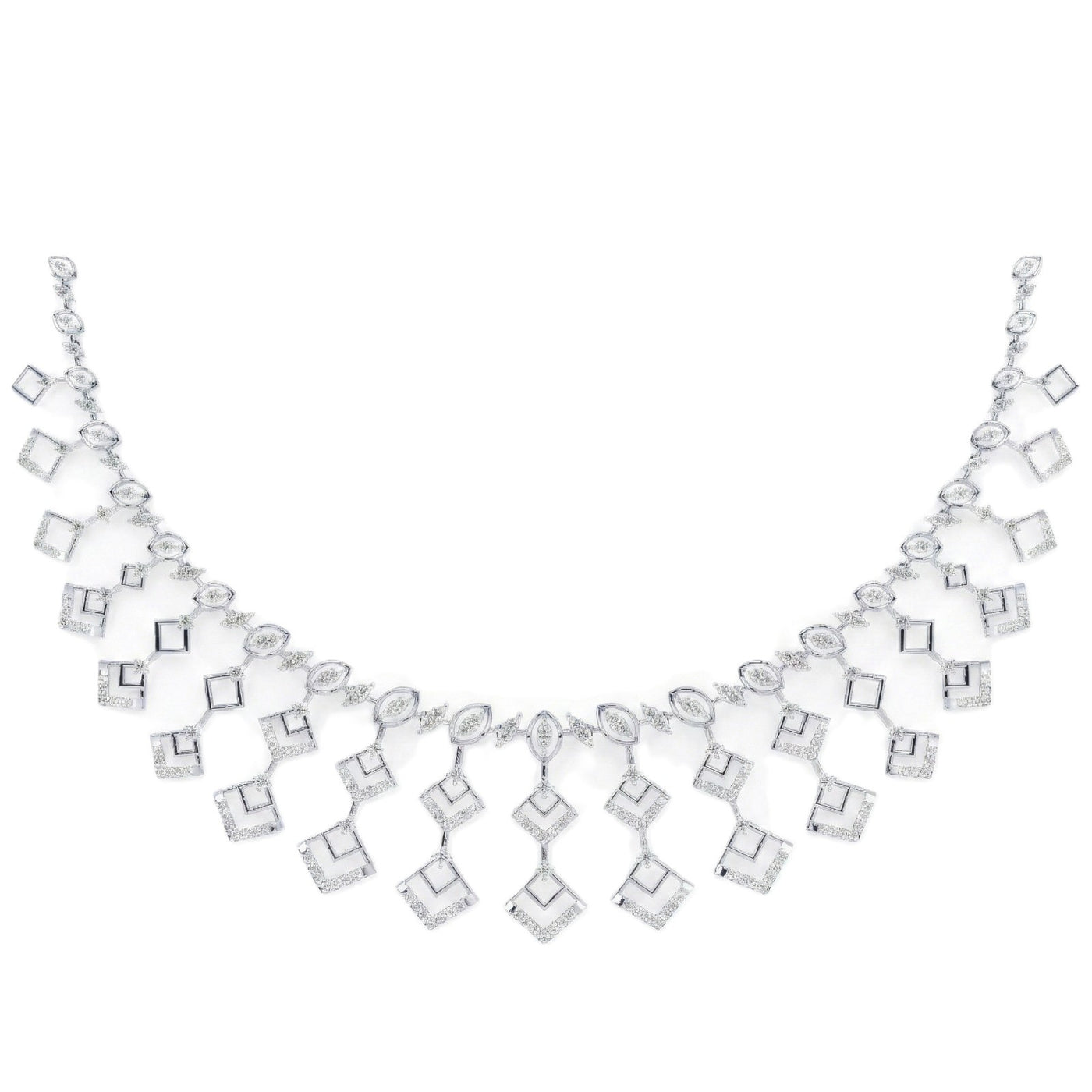 A white gold and diamond statement necklace featuring geometric square drops, displayed against a plain white background.