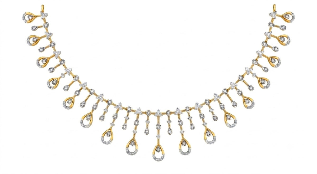 A yellow gold and diamond necklace featuring a series of teardrop-shaped dangling drops, displayed against a solid white background.
