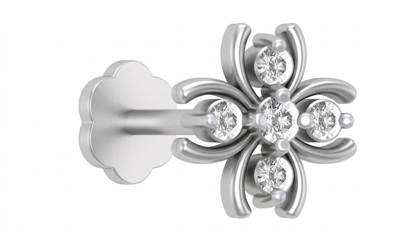White gold and diamond stud nose pin with white background