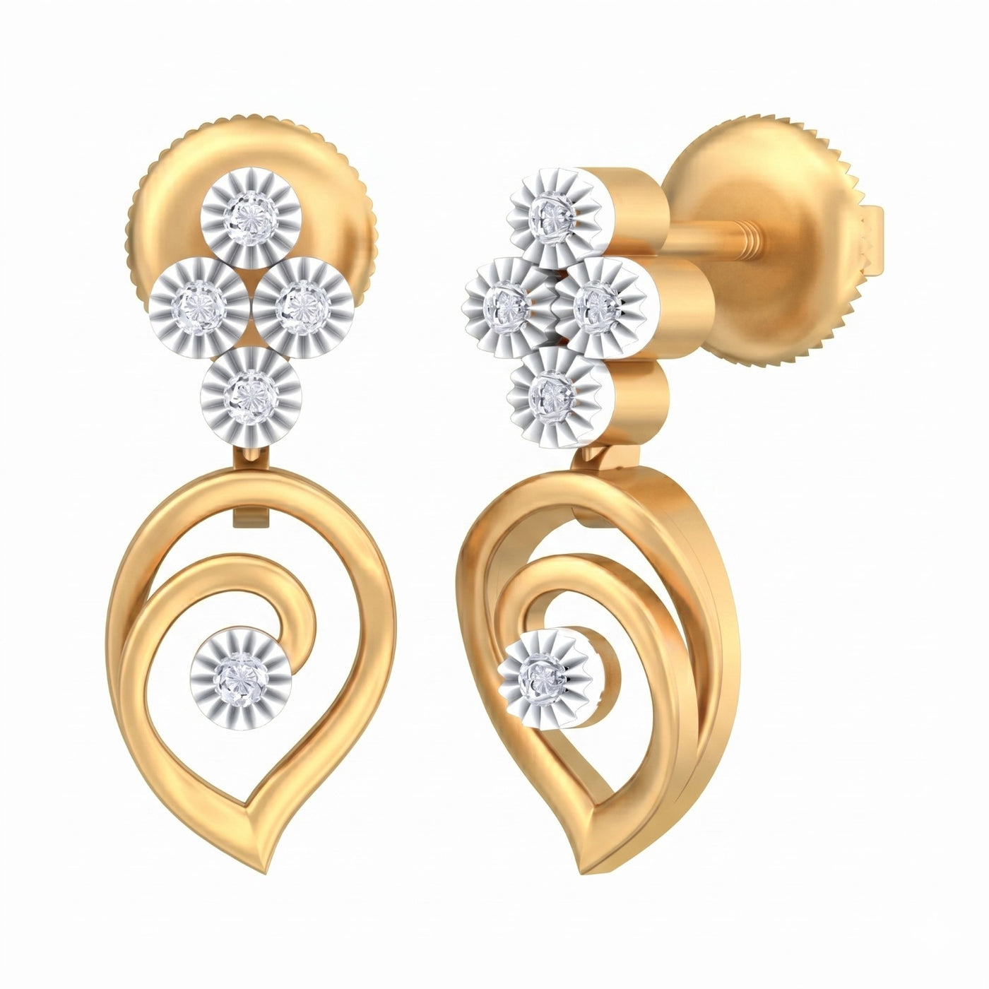 Yellow gold and diamond drop earrings on a white background.