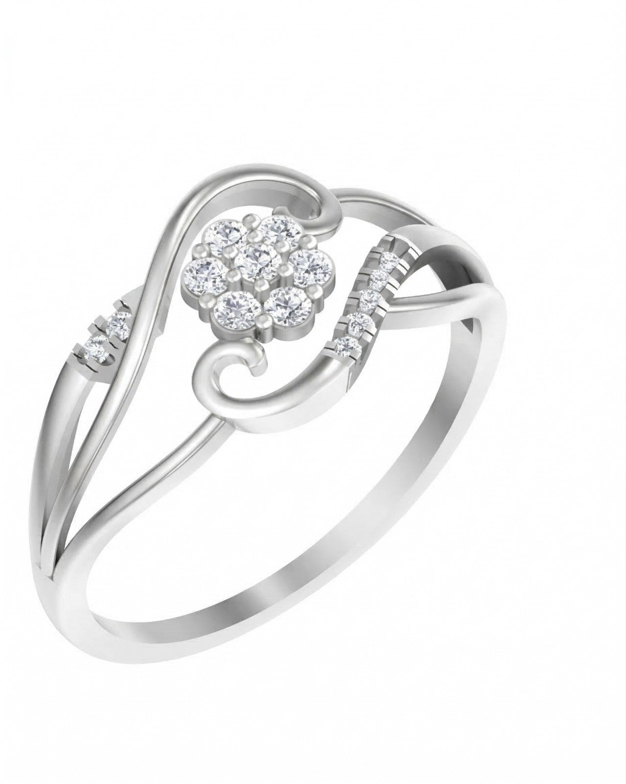 White gold ring with diamond flower design on a white background