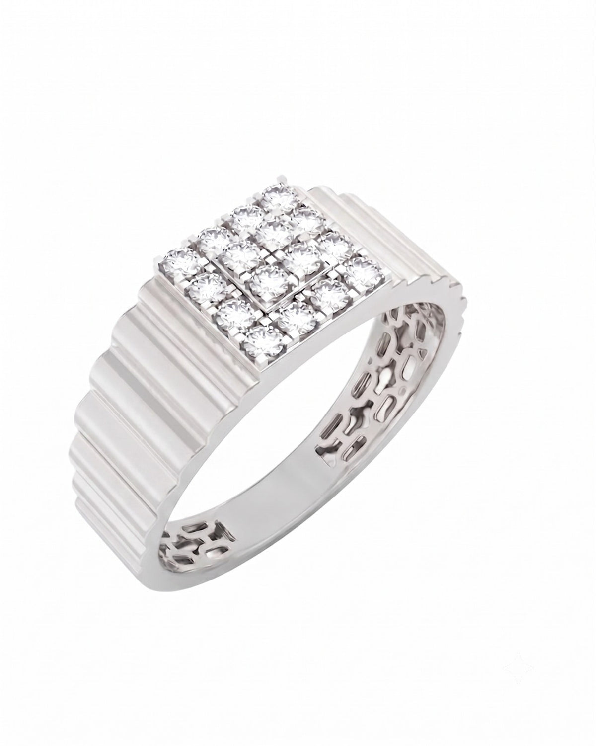 A white gold ring featuring a square-shaped top, on a plain white background.