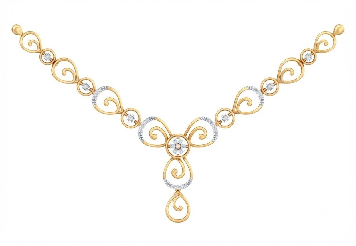 A yellow gold and diamond necklace with a symmetrical scroll design, shown on a plain white background.