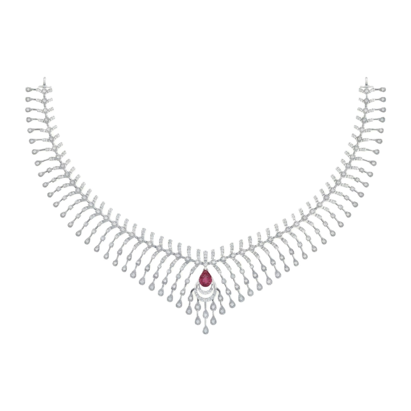 White gold and diamond necklace with a floral pattern and a prominent central diamond