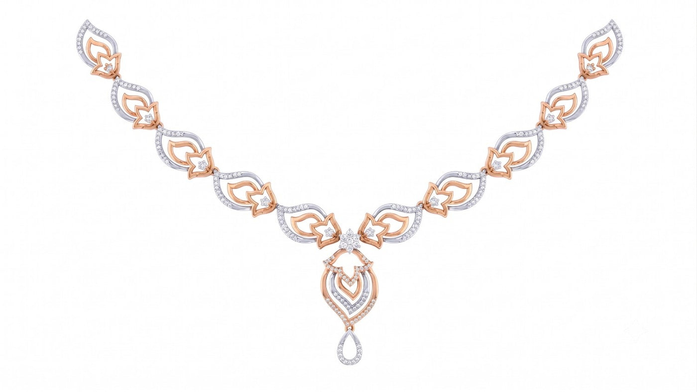 A rose gold and diamond necklace featuring a leaf motifs, shown on a plain white background.
