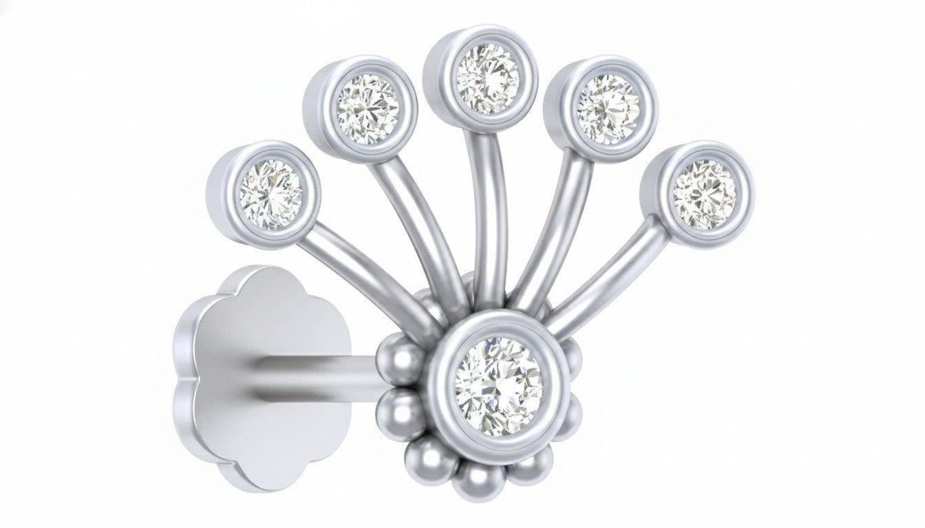 white gold and stud nose pin with multiple small diamonds on a white background