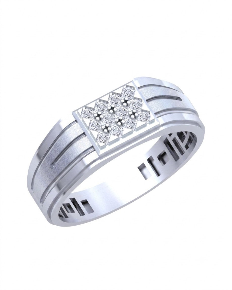 A white gold and diamond ring featuring a square cluster, set against a plain white background.