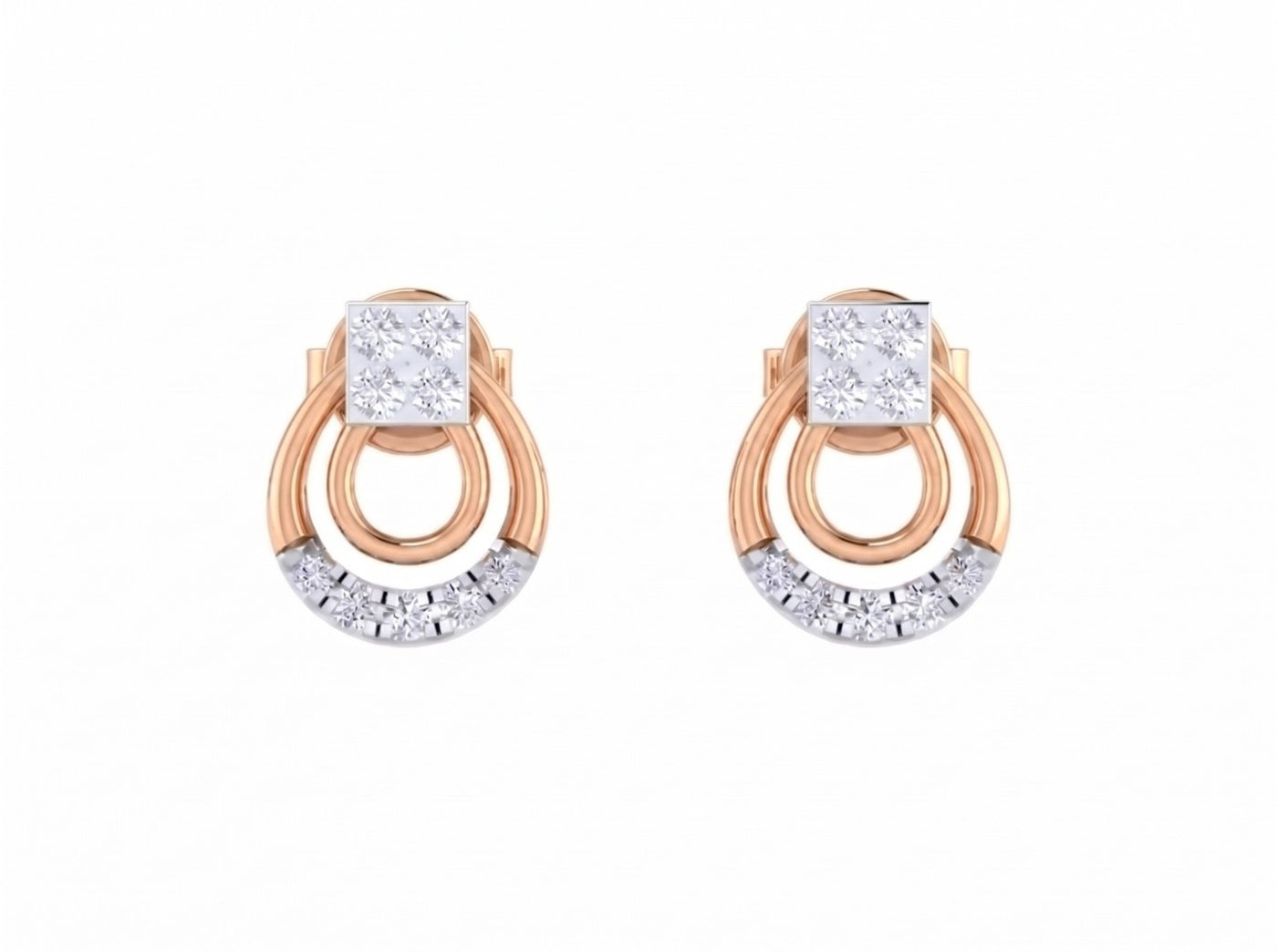Rose gold and diamond stud earrings on a white background.