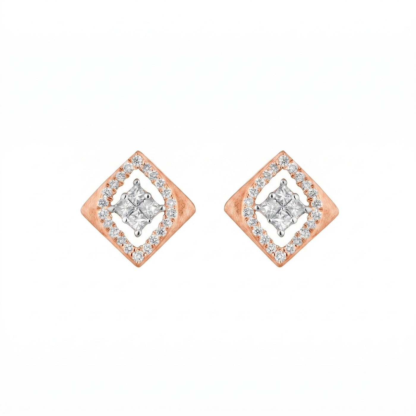 Rose gold and diamond square-shaped earrings on a white background