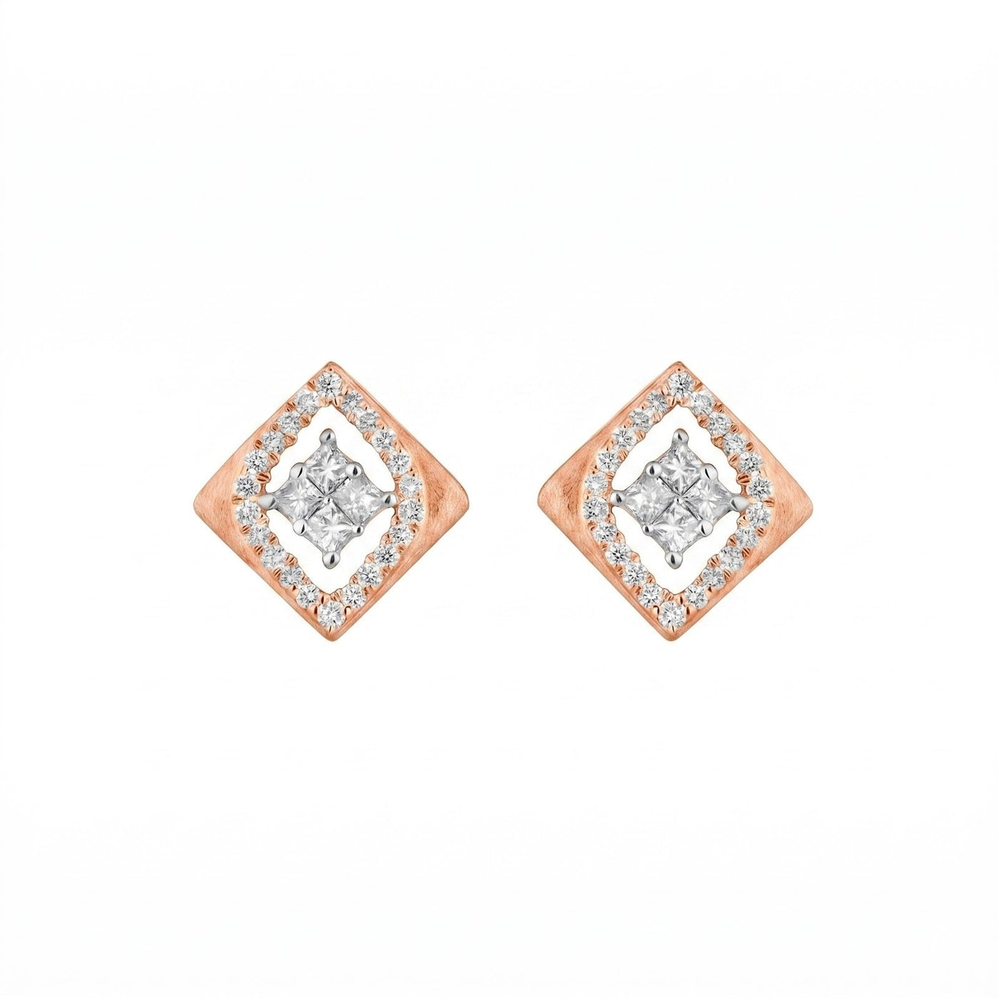 Rose gold and diamond square-shaped earrings on a white background.