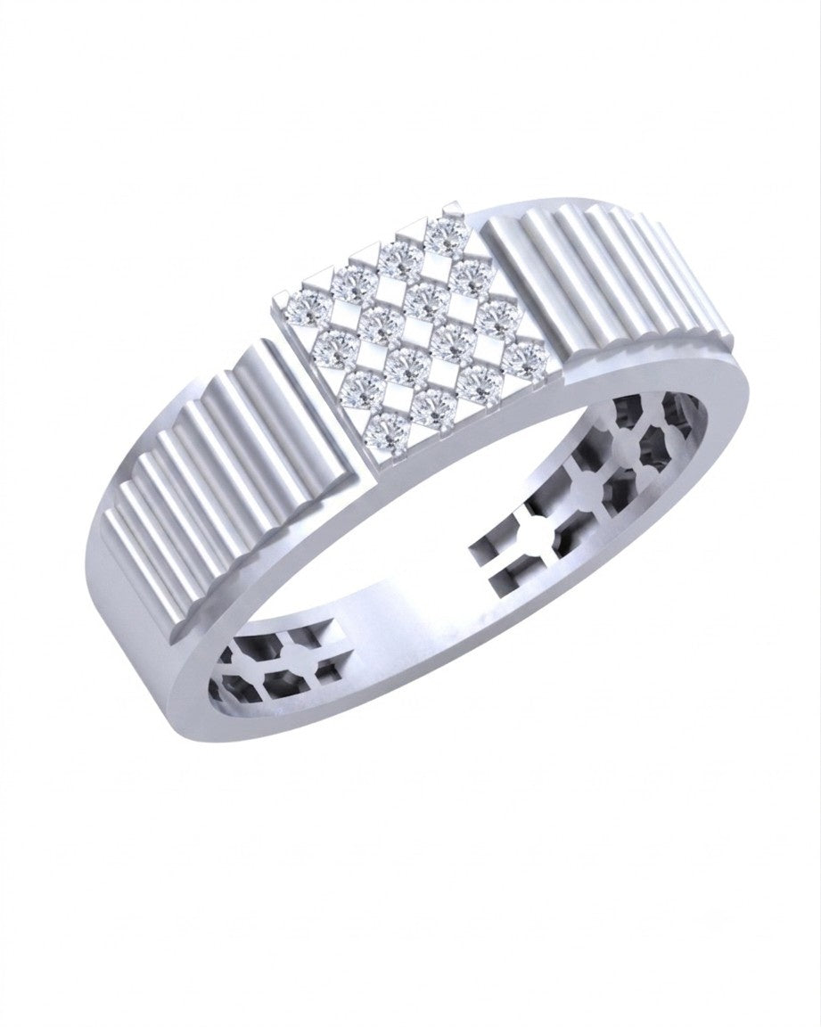 A white gold ring with a geometric design, featuring a central diamond cluster on a white background.