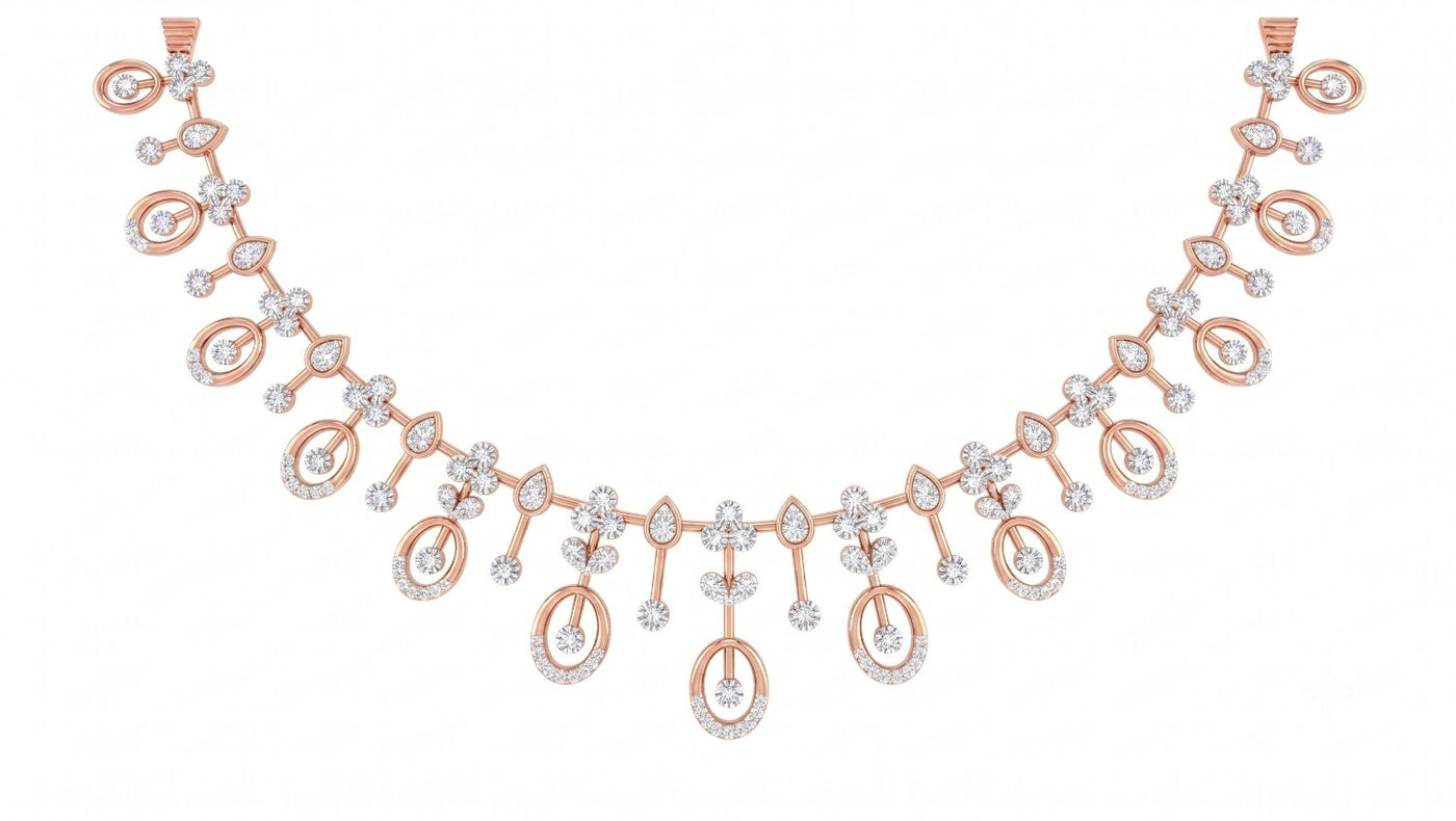 A rose gold and diamond necklace featuring a floral design, and oval motifs  on a plain white background.