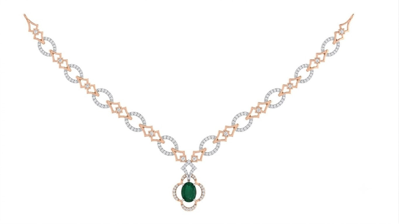 A rose gold and diamond necklace with a central green emerald, displayed on a solid white background.