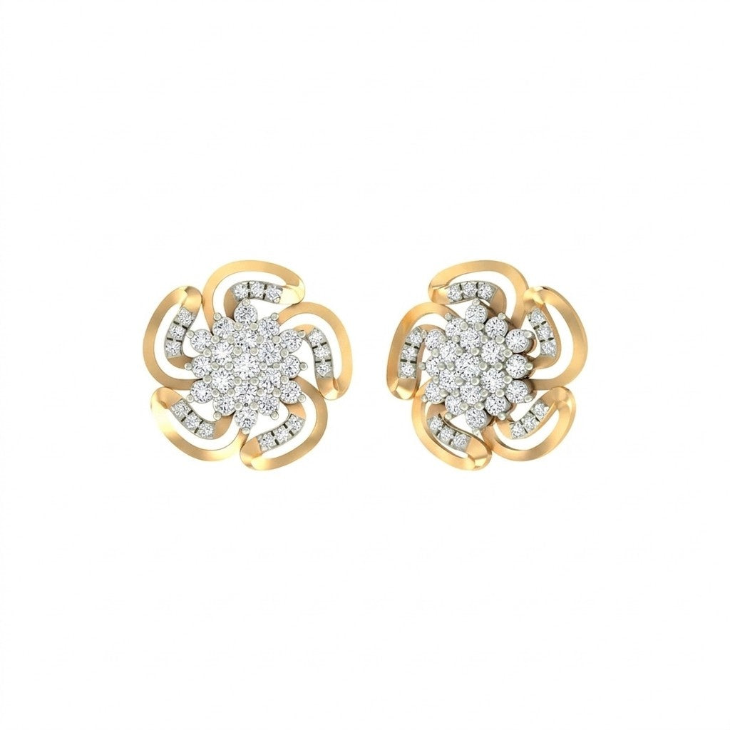 Yellow gold floral earrings with diamond accents on a white background.
