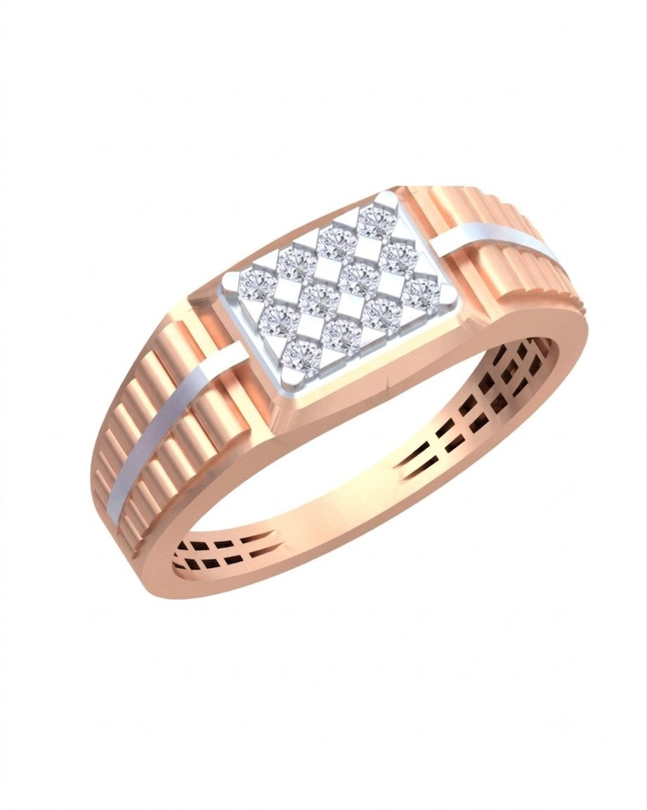 A men's ring featuring a rose gold band with a textured design on a white background.