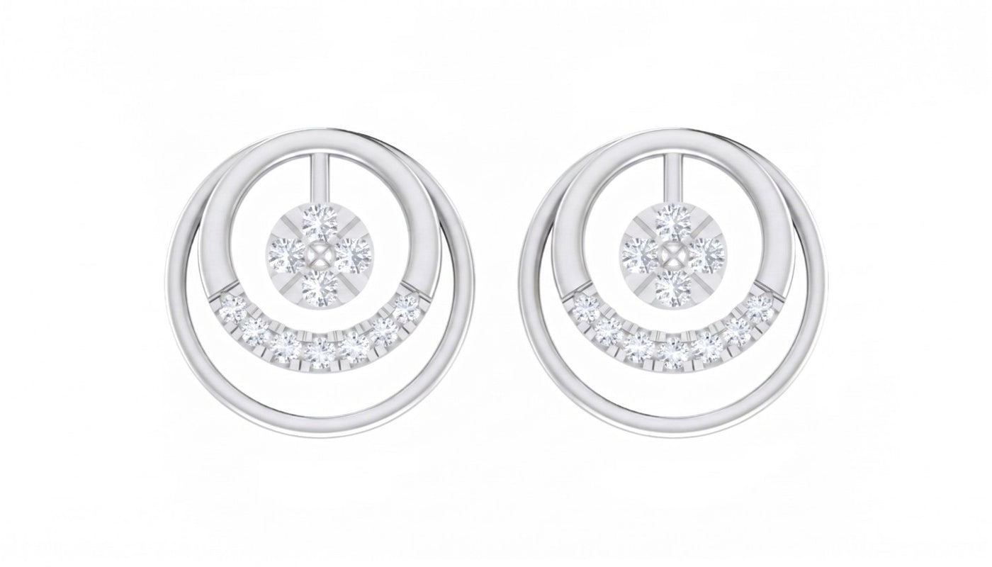 White gold and diamond stud earrings with circular design on a white background