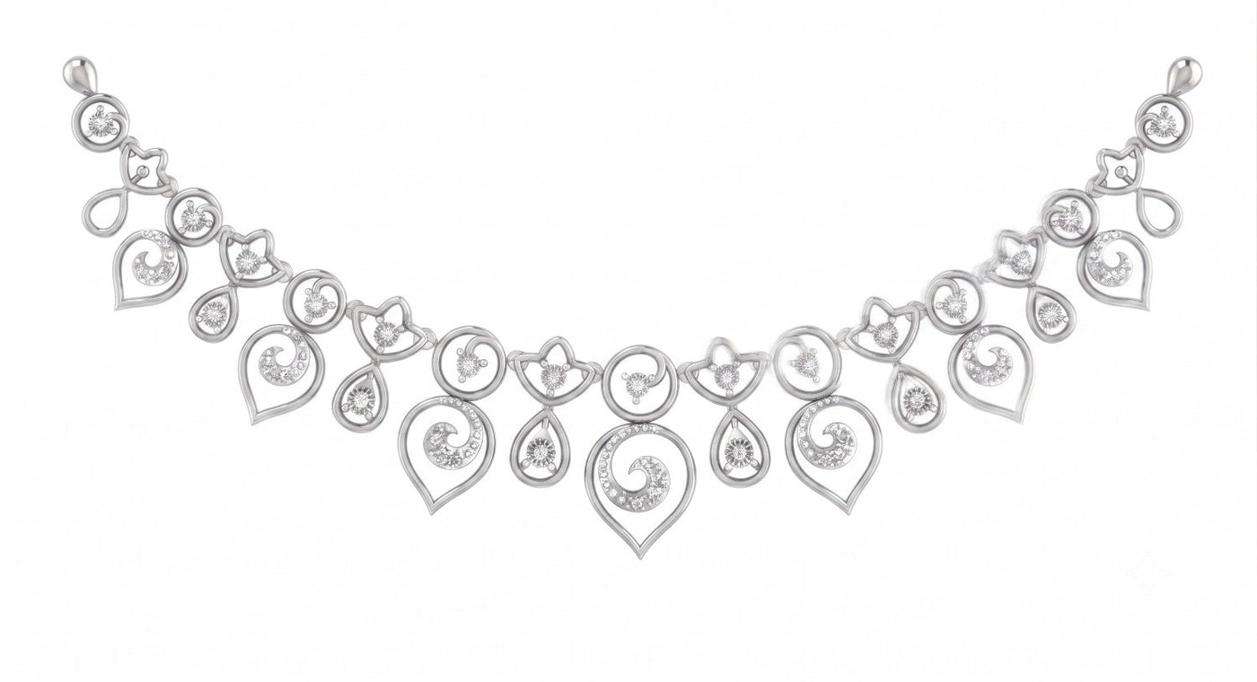 White gold necklace with diamonds on a white background.