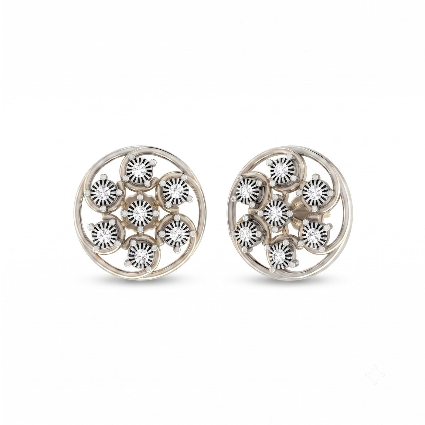 A pair of white gold stud earrings with circular openwork designs filled with small diamond.