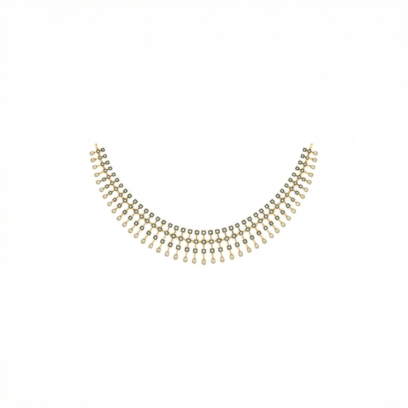 Yellow gold necklace with small beads on a white background