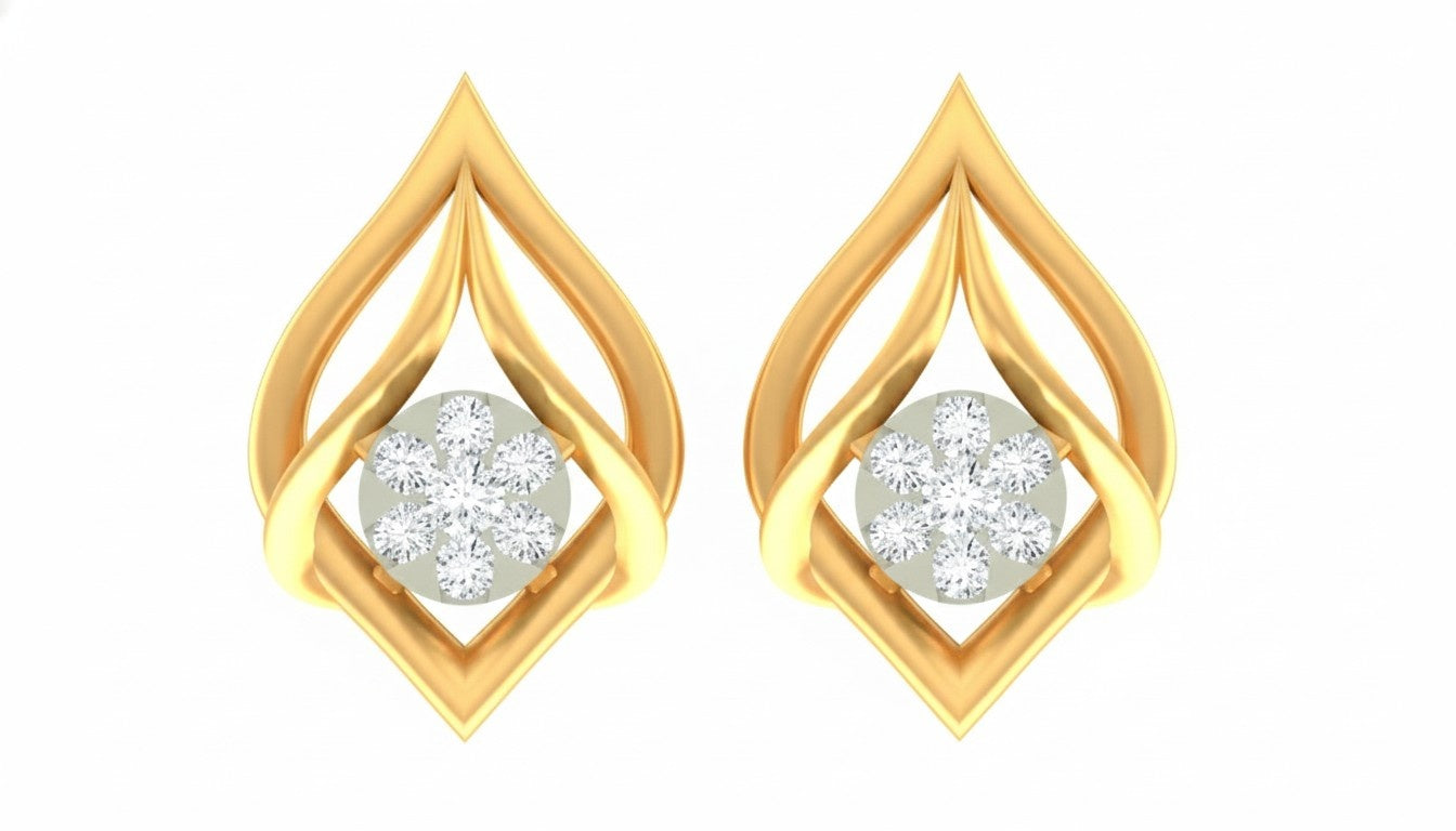 Yellow gold and diamond stud earrings on a white background.