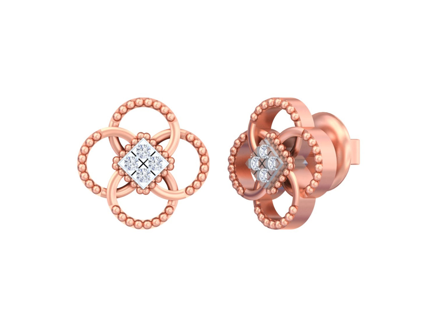 Rose gold and diamond floral stud earrings on a white background