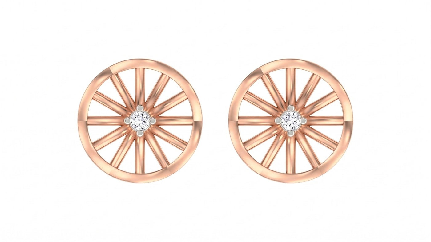 Rose gold and diamond round-shaped stud earrings on a white background