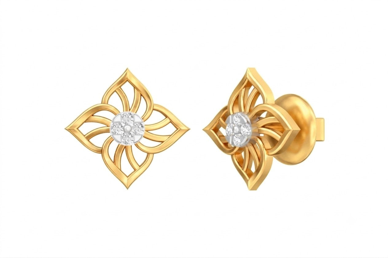 Yellow gold and diamond floral stud earrings on a white background.