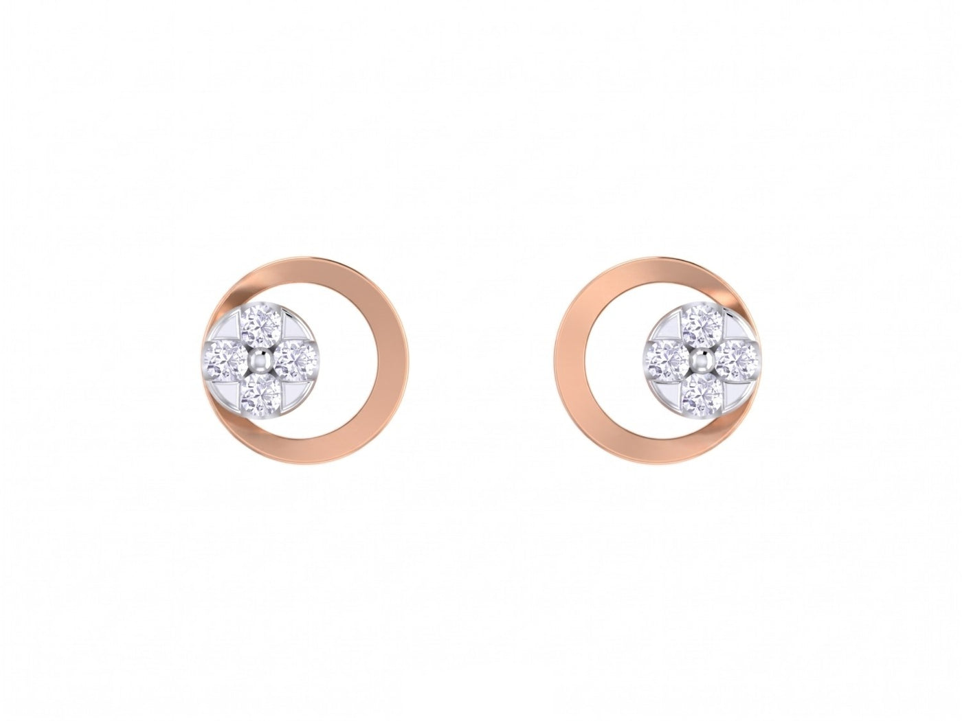 Rose gold and diamond round-shaped stud earring on a white background.