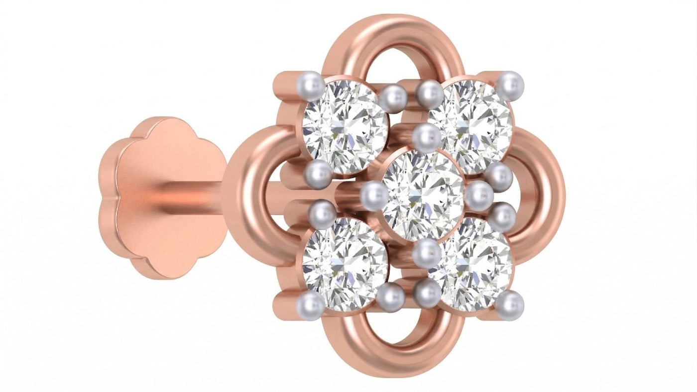 Rose gold and diamond stud nose pin on a white background