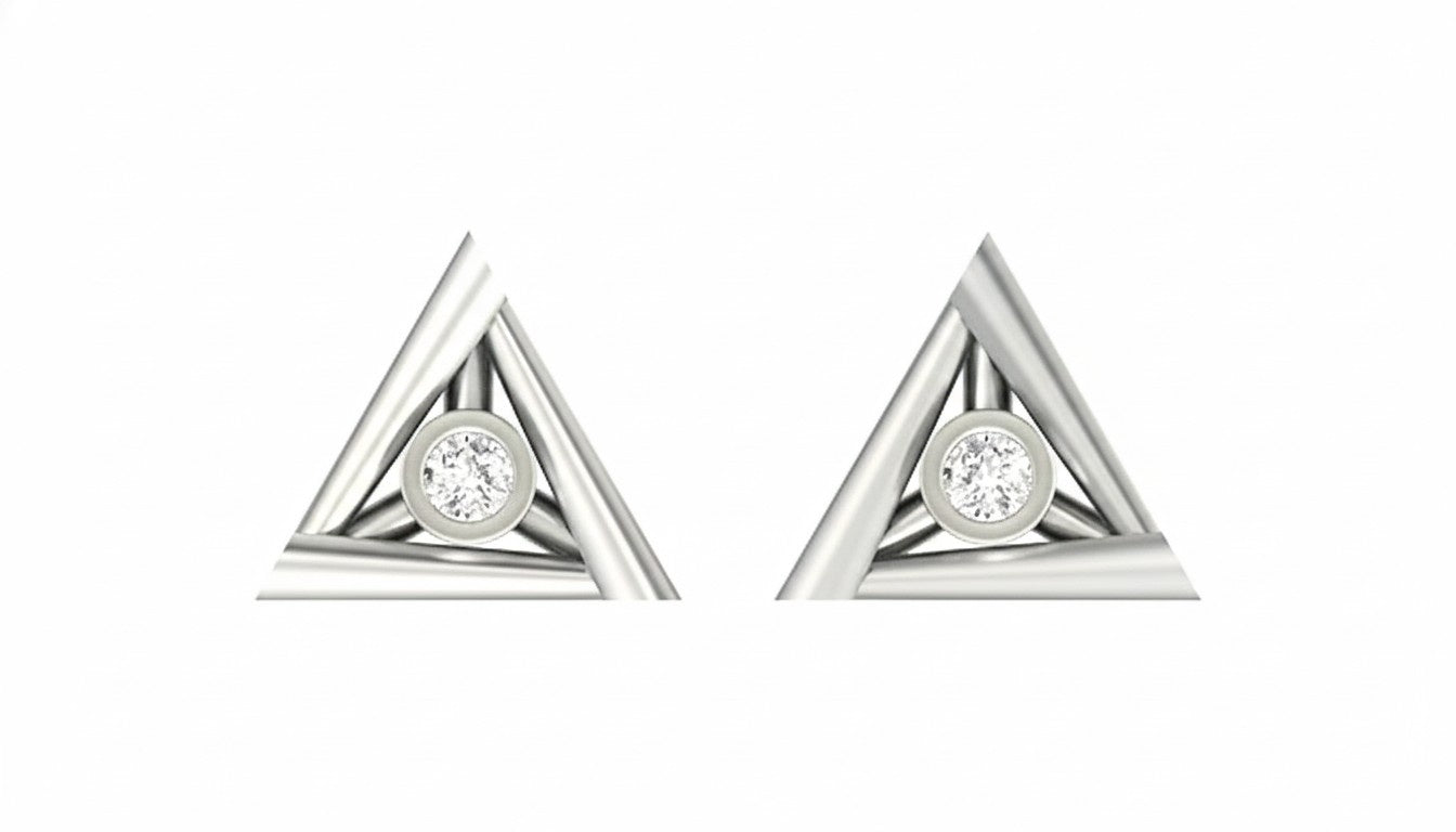 White gold and diamond triangle-shaped stud earrings on a white background