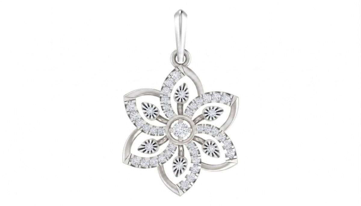White gold and diamond floral pendant on white background