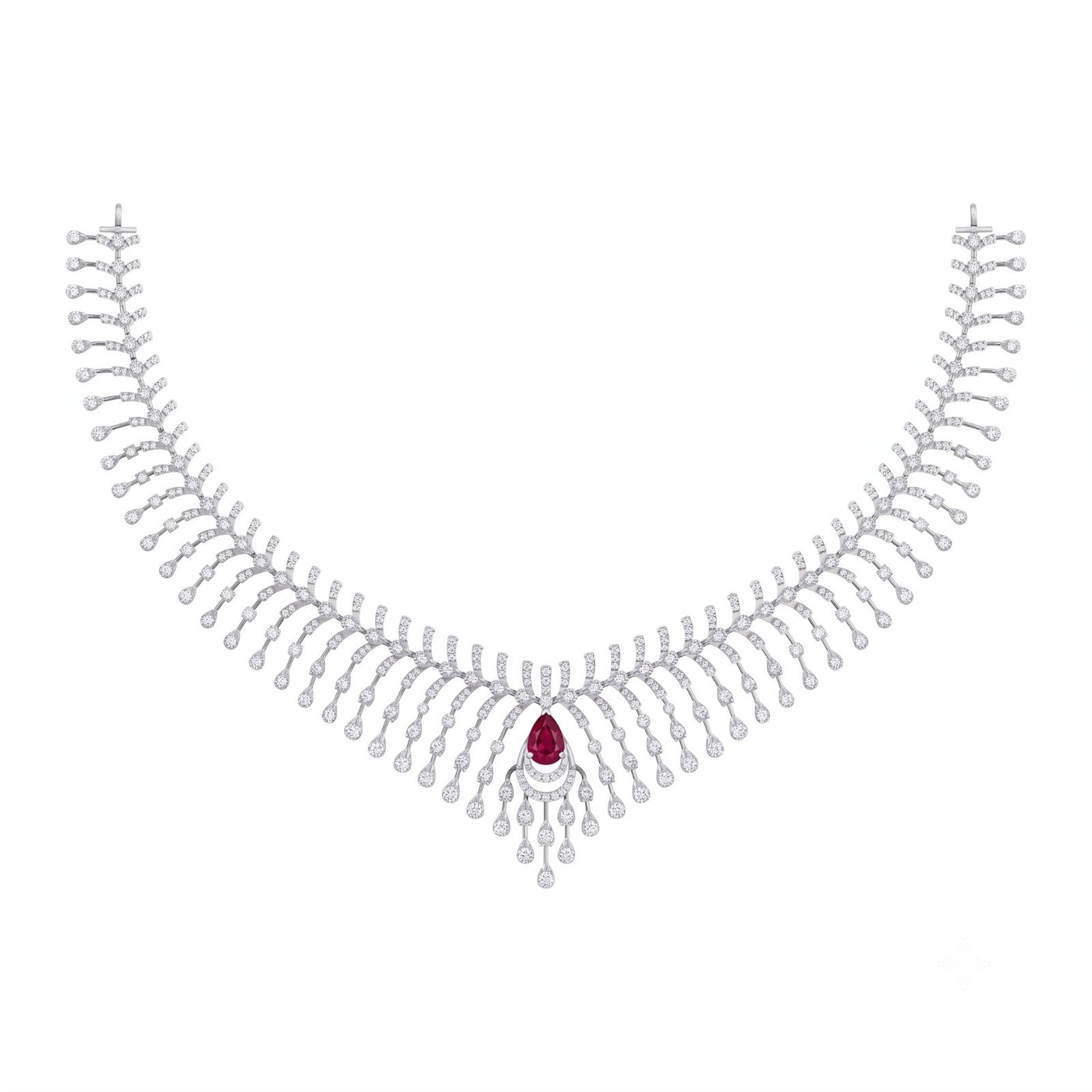 A white gold and diamond necklace featuring a central teardrop-shaped ruby gemstone on a plain white background.