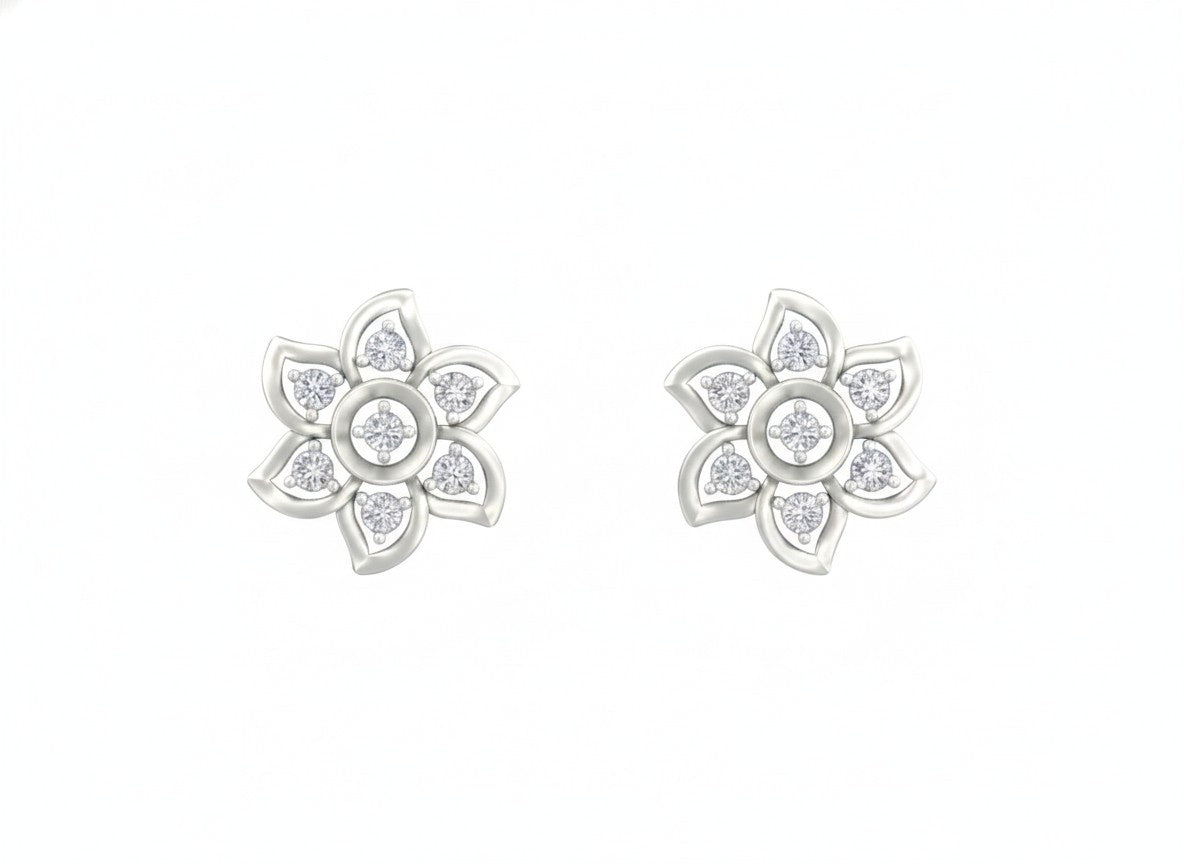 White gold and diamond floral stud on a white backgound