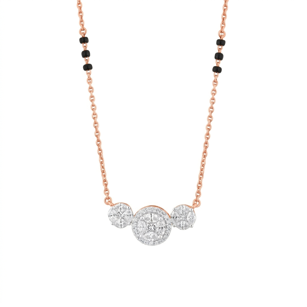 Rose gold mangalsutra with diamond pendant on a white background