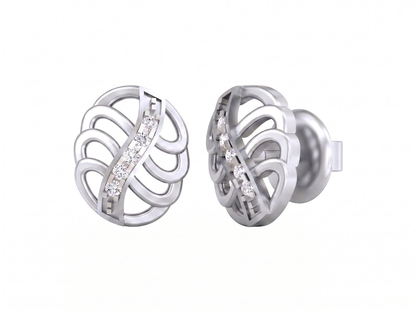 White gold and diamond stud earrings on a white background.