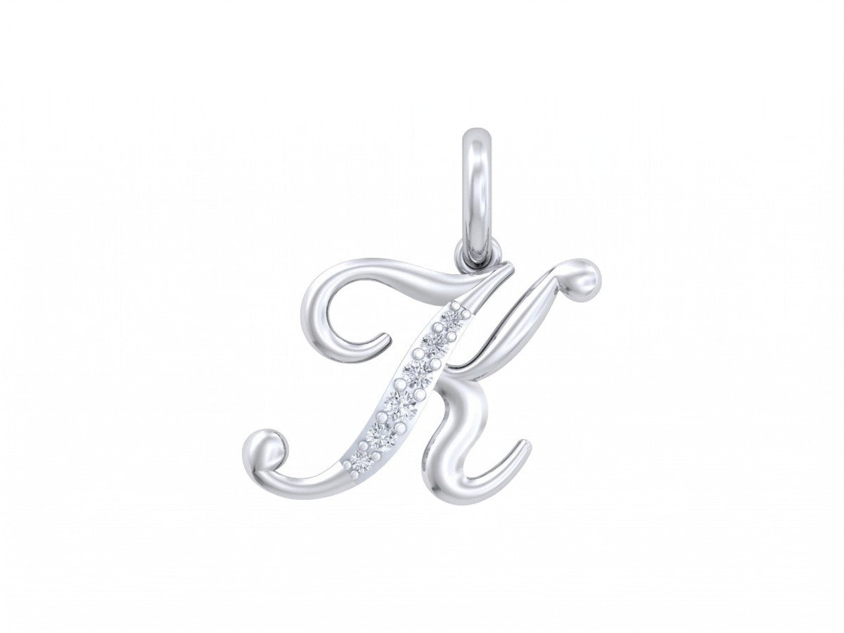 white gold pendant with letter 'K' design on a white background