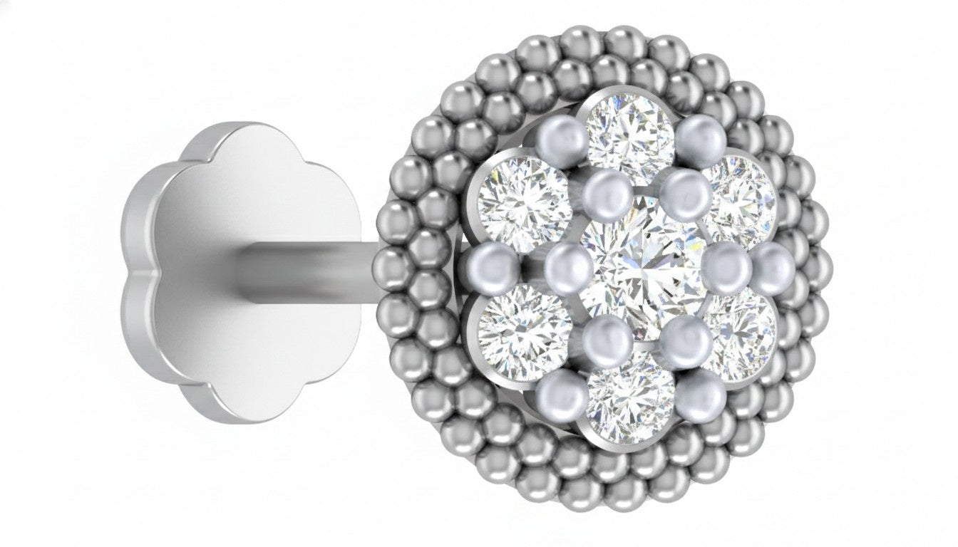 Elegant round White gold and diamond nose pin with floral cluster and beaded border.