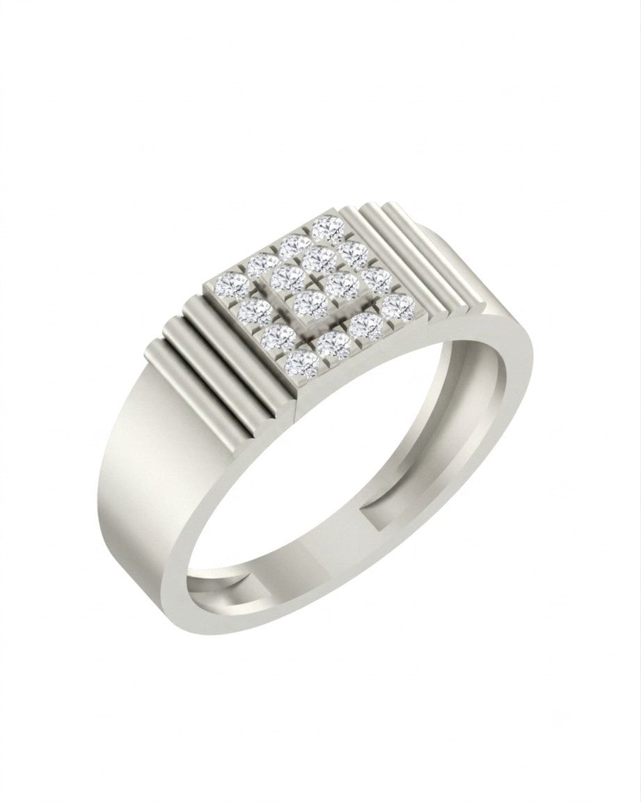 White gold and diamond square ring for men with geometric design and brilliant diamond detailing