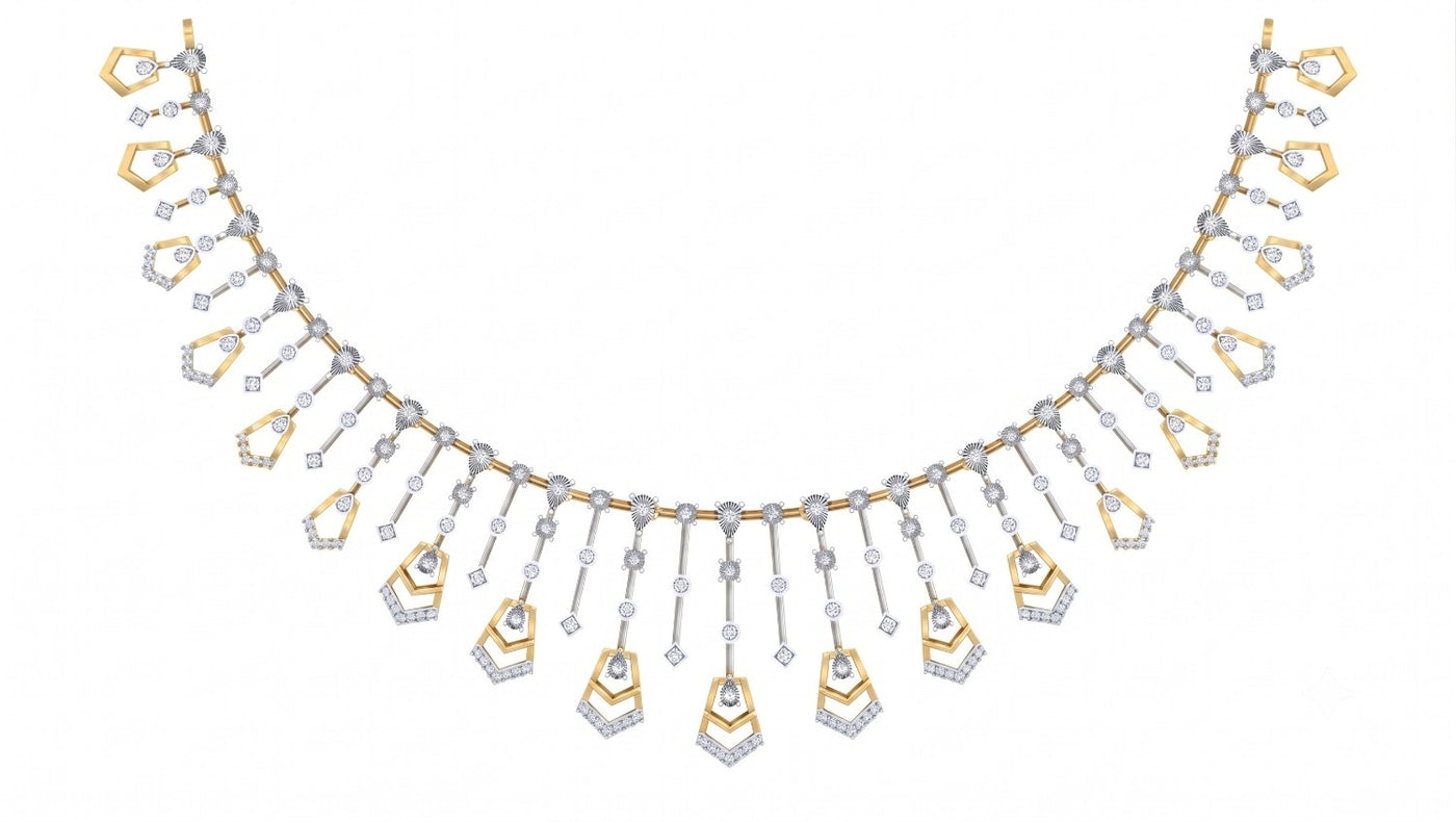 A yellow gold and diamond necklace with diamond accents, with dangling geometric elements on a plain white background.