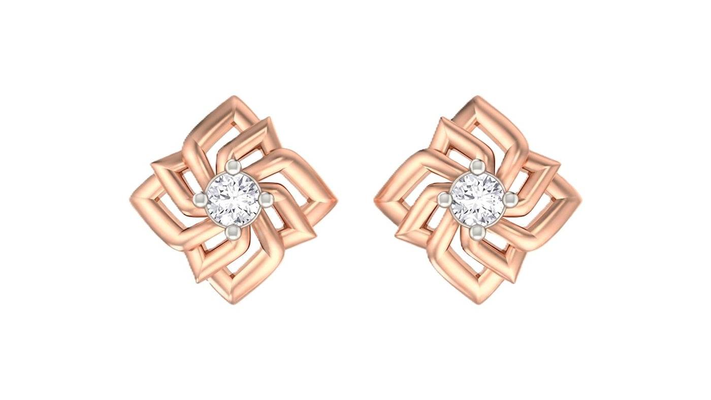 Rose gold and diamond swirl stud earrings on a white background