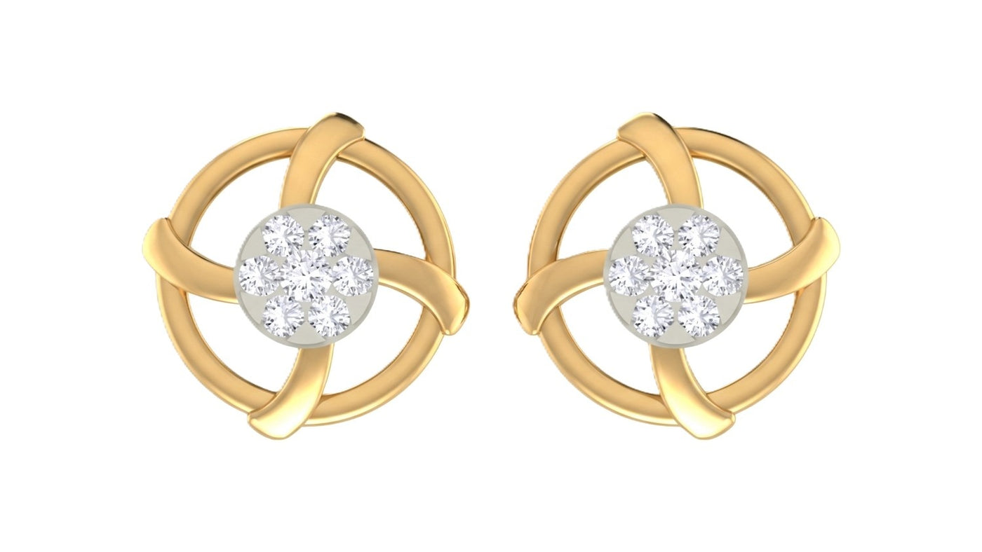 Yellow gold and diamond round-shaped earrings on a white background