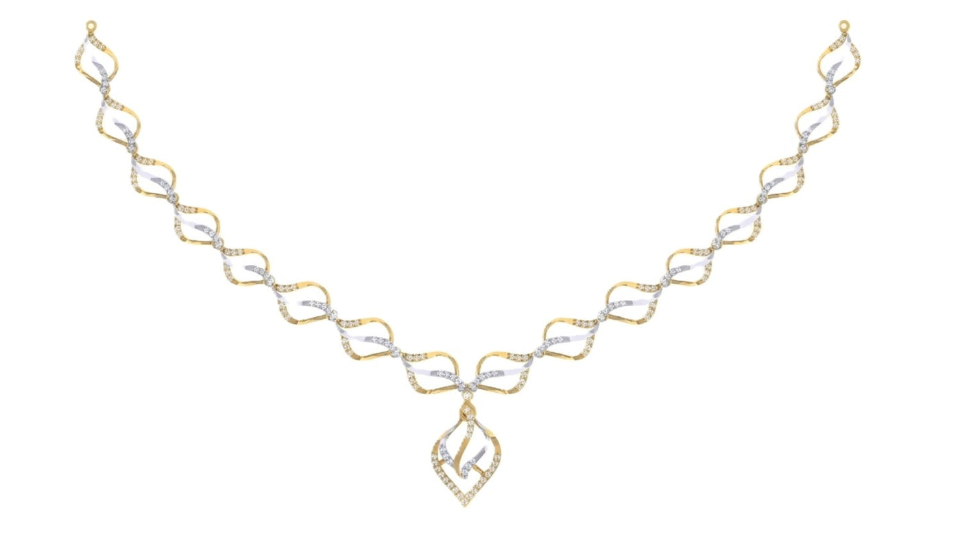 Yellow gold and diamond necklace on a white background
